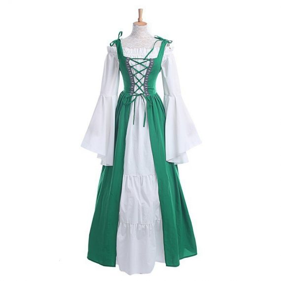 Square neck tie waist dress European and American medieval Renaissance retro clothing