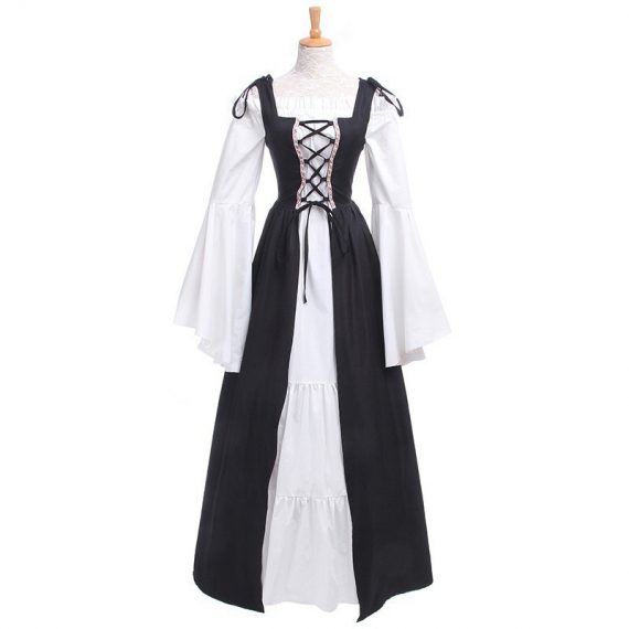Square neck tie waist dress European and American medieval Renaissance retro clothing