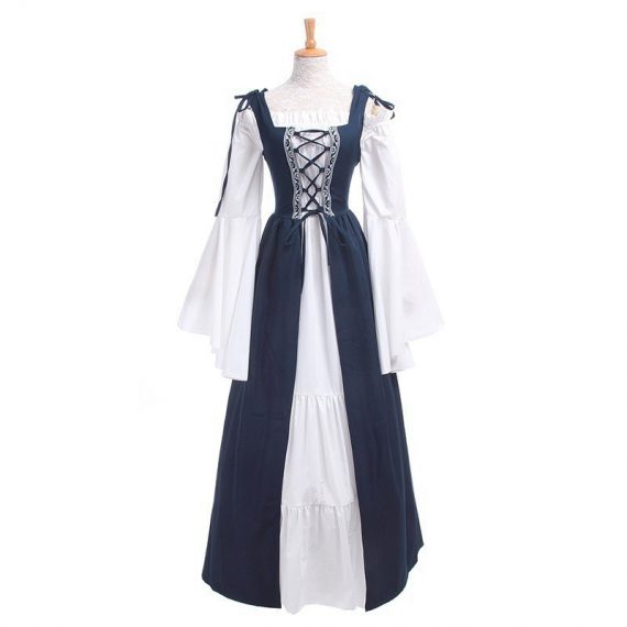 Square neck tie waist dress European and American medieval Renaissance retro clothing