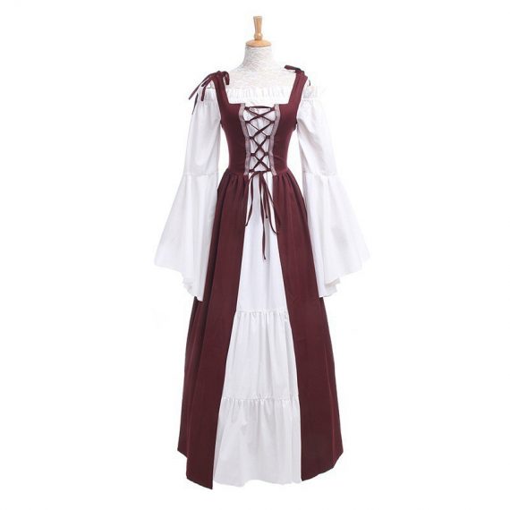 Square neck tie waist dress European and American medieval Renaissance retro clothing