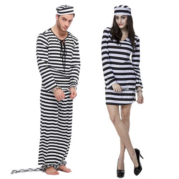 Halloween new white and black striped prisoner cosplay clothes couple set