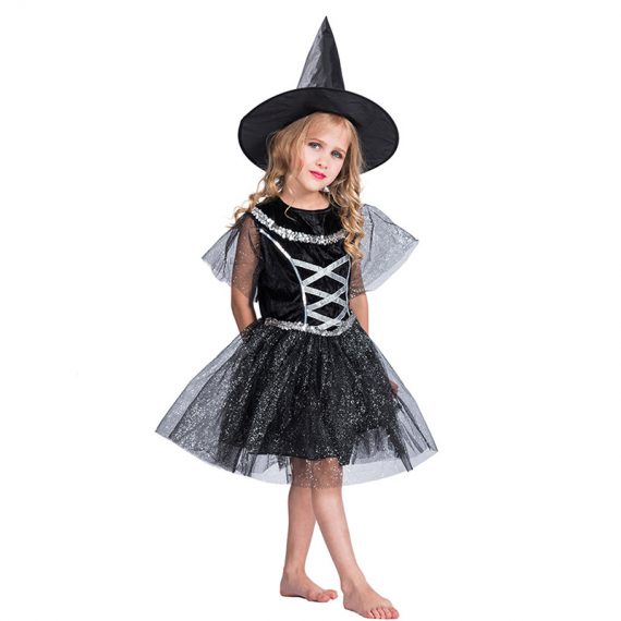 Halloween kids costume black witch cosplay girls skirt suit