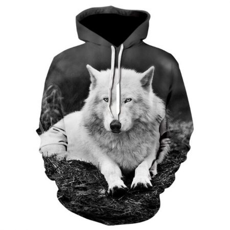 adult 3D print wolf sweatshirt black hoodie for men