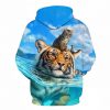 Cat and tiger 3D print sweetshirt light blue hoodie