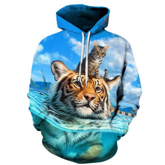 Cat and tiger 3D print sweetshirt light blue hoodie