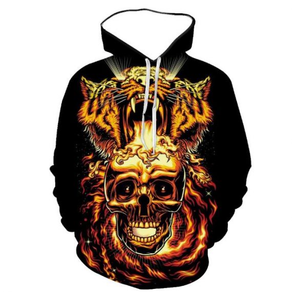 mens pullover 3D print tiger hoodie and skull sweatshirt
