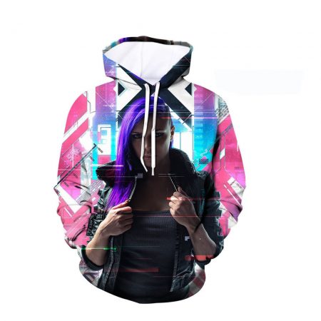 Hot New Cyberpunk 2077 Printing Adult Unisex Pink Blue Hoodie Sweater