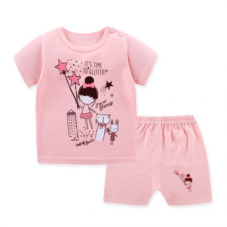 Pink Girls Round Neck T Shirt Set