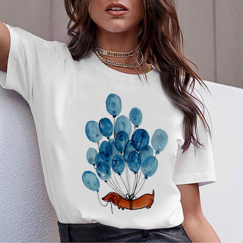White Balloon And Dog Print Short Sleeve Round Neck T Shirts