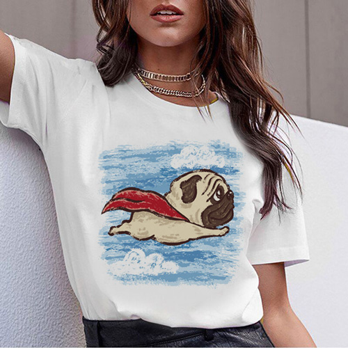 Cute White Fly Dog Print Round Neck T Shirts