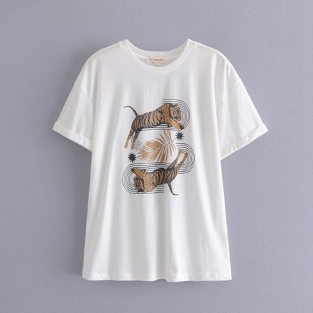 Womens White Animal Tiger Print Short Sleeve T Shirts
