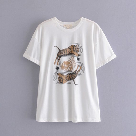 Womens White Animal Tiger Print Short Sleeve T Shirts