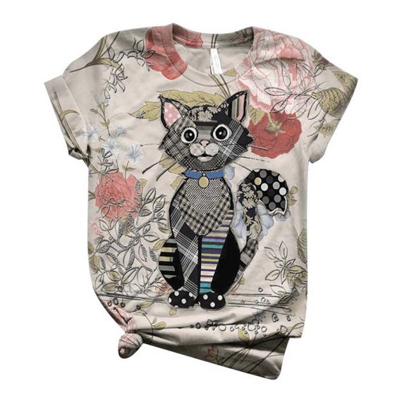 Fashion Cartoon Printing Cat T Shirts For Women