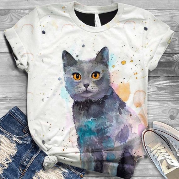 3D Style Cartoon Printing Cat Tee Shirts