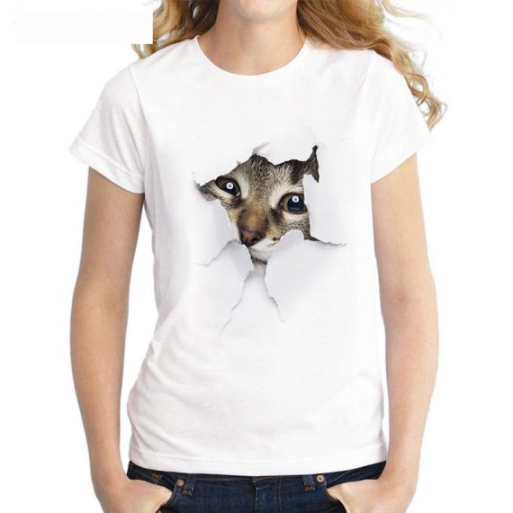 White Print Funny Cat Shirts For Women