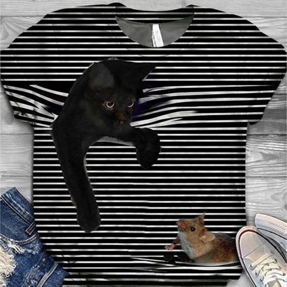 Black Funny Cat Tee Shirts For Women