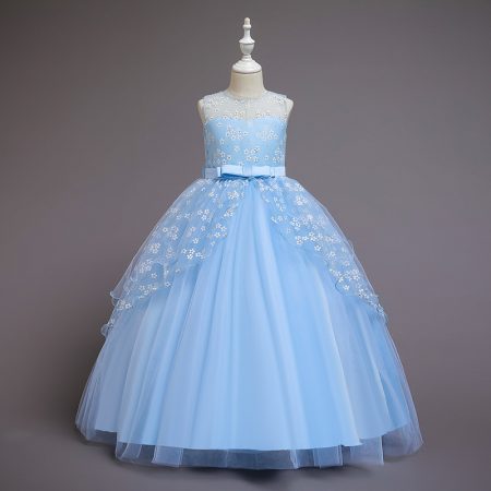 Sky Blue Floral Princess Dress Long Skirt Girls Costumes Outfit