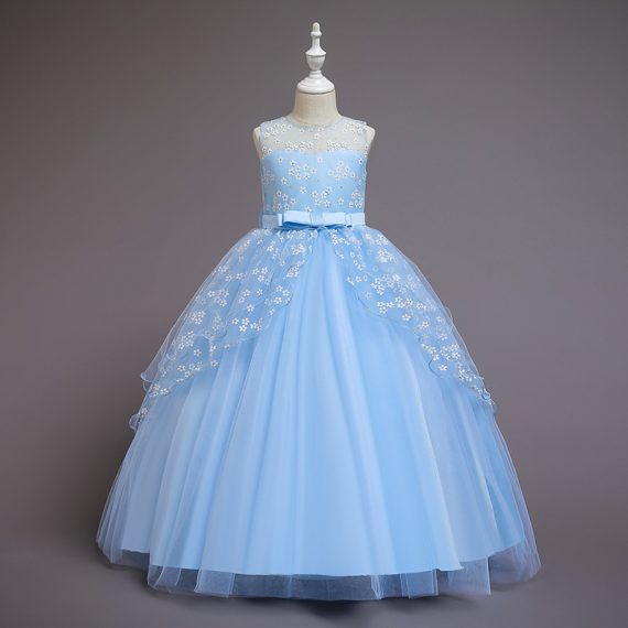 Sky Blue Floral Princess Dress Long Skirt Girls Costumes Outfit
