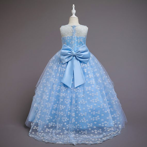 Sky Blue Floral Princess Dress Long Skirt Girls Costumes Outfit