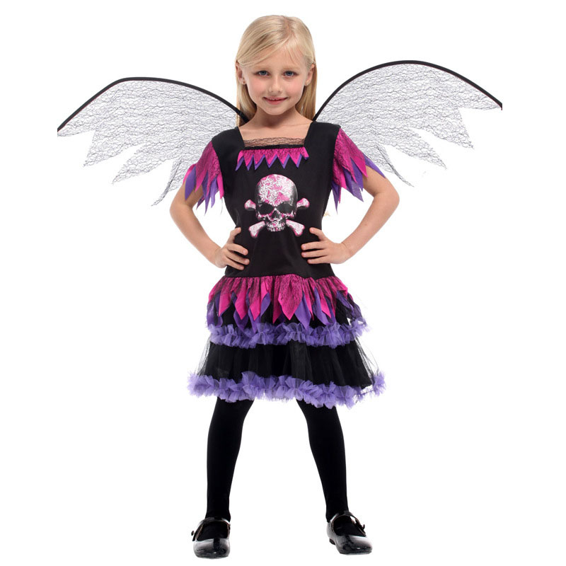 Girls Halloween Skull Dark Angel Costumes For Kids - MYanimec