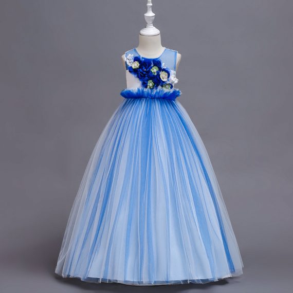 Girls Evening Dress Princess Costumes Cornflower Blue Long Skirt For Kids