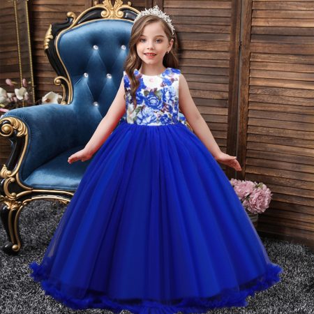 Kids Evening Dress Princess Costumes Blue Long Skirt