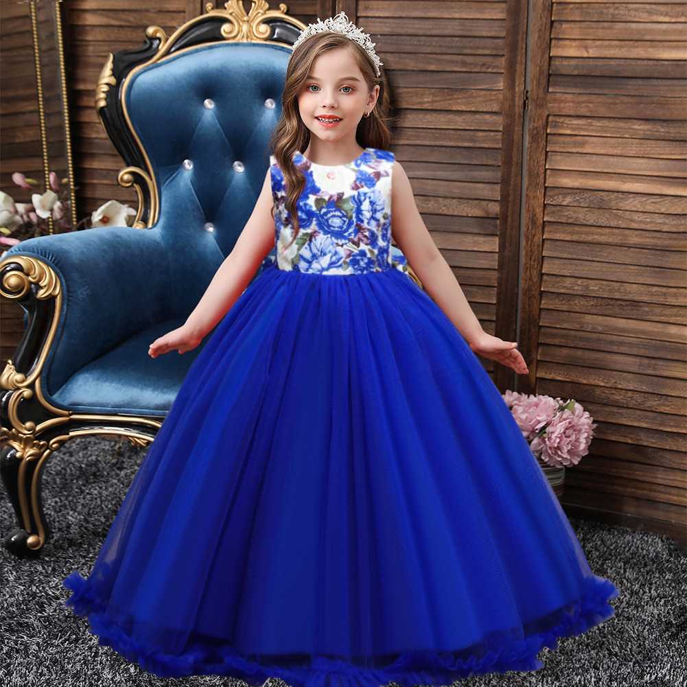 Kids Evening Dress Princess Costumes Blue Long Skirt - MYanimec