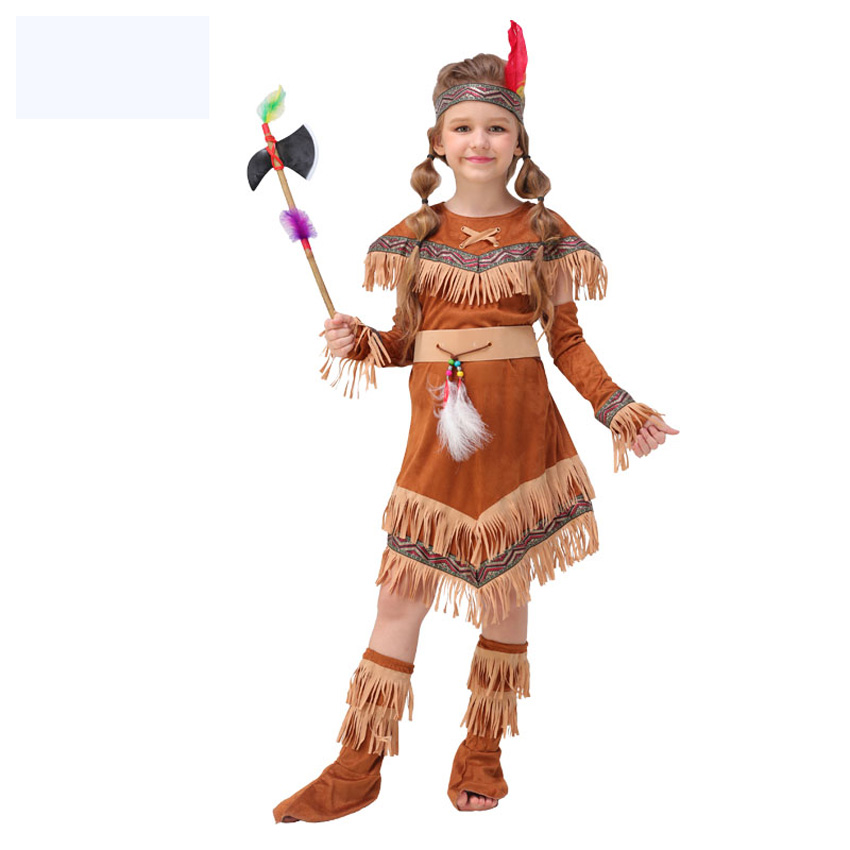 Brave Indian Girl Costume By Dress Up America - Faux Suede Dress, Necklace & Headband With Feathers, Kids Dress-Up - View #8