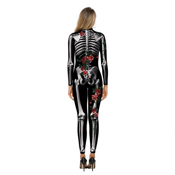 Adult Skeleton Bone And Rose Jumpsuit Costume