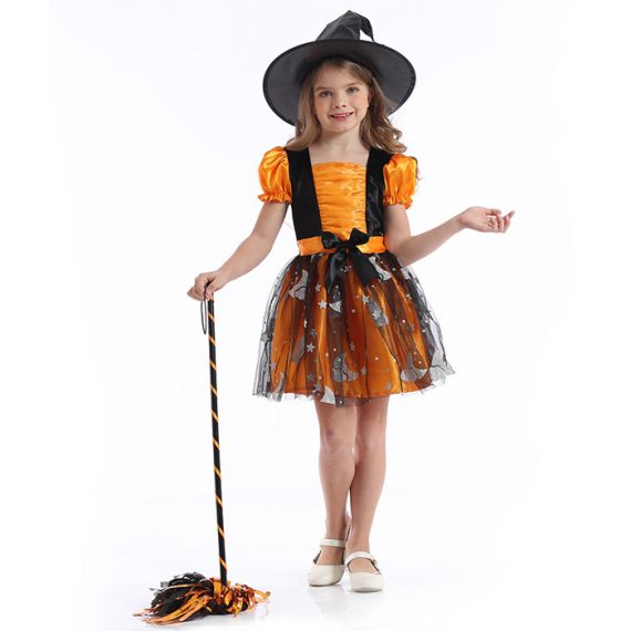 Kids Witch Orange Costume Girls Halloween Dress