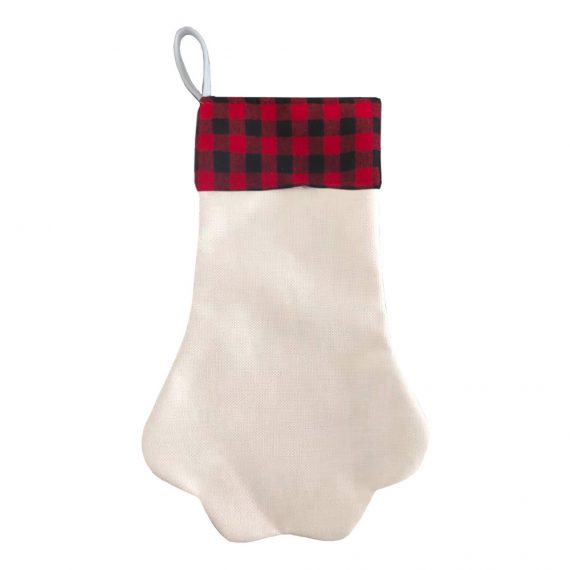 White Plaid Dog Paws Christmas Stocking
