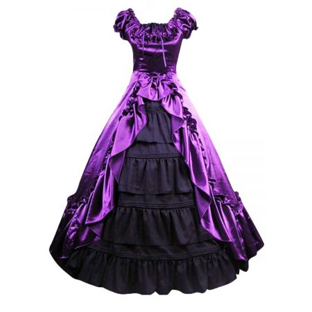 Women's Purple Satin Ruffle Short Sleeves Victorian Costume