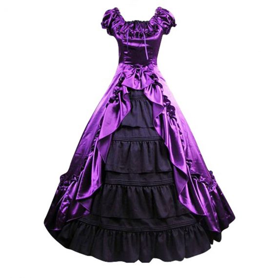 Women's Purple Satin Ruffle Short Sleeves Victorian Costume