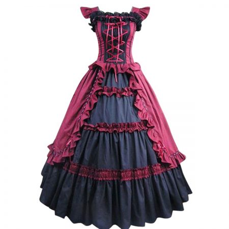 Women's Dark Red Cotton Ruffle Short Sleeves Victorian Halloween Costume