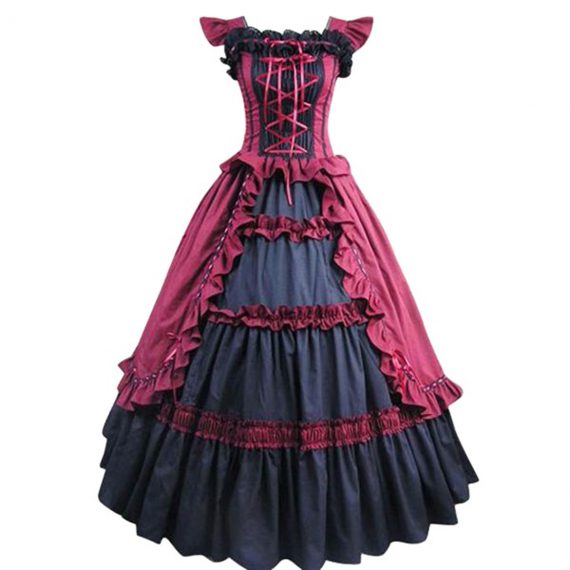 Women's Dark Red Cotton Ruffle Short Sleeves Victorian Halloween Costume