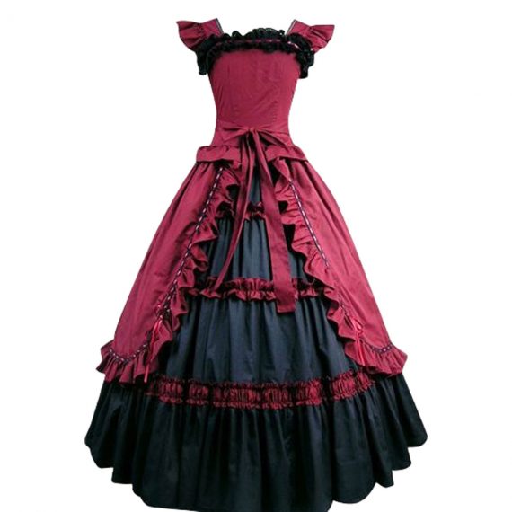 Women's Dark Red Cotton Ruffle Short Sleeves Victorian Halloween Costume