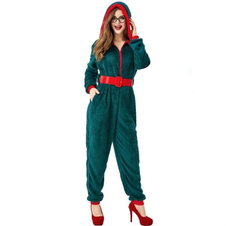 Female Green Christmas Hooded Jumpsuit