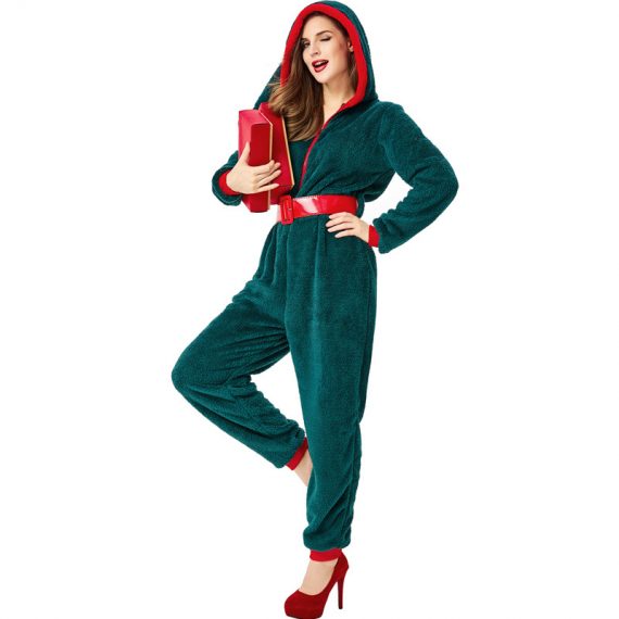 Female Green Christmas Hooded Jumpsuit