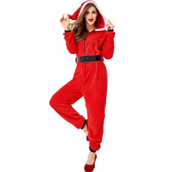Womens Red Christmas Hooded Jumpsuit
