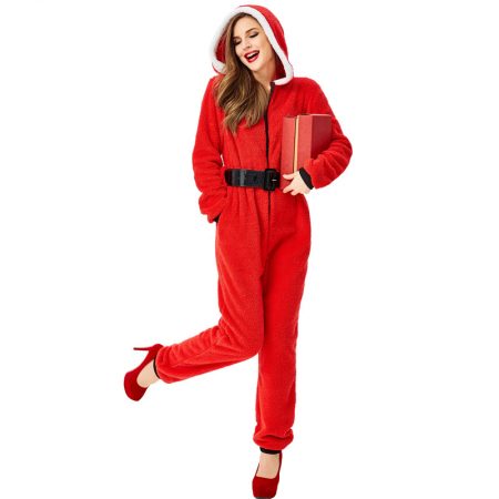 womens red christmas hooded jumpsuit